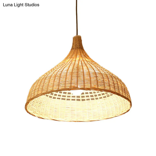 Asian Style Beige Diamond/Bell/Onion Drop Pendant Hanging Light Fixture With Bamboo Accent - Tearoom