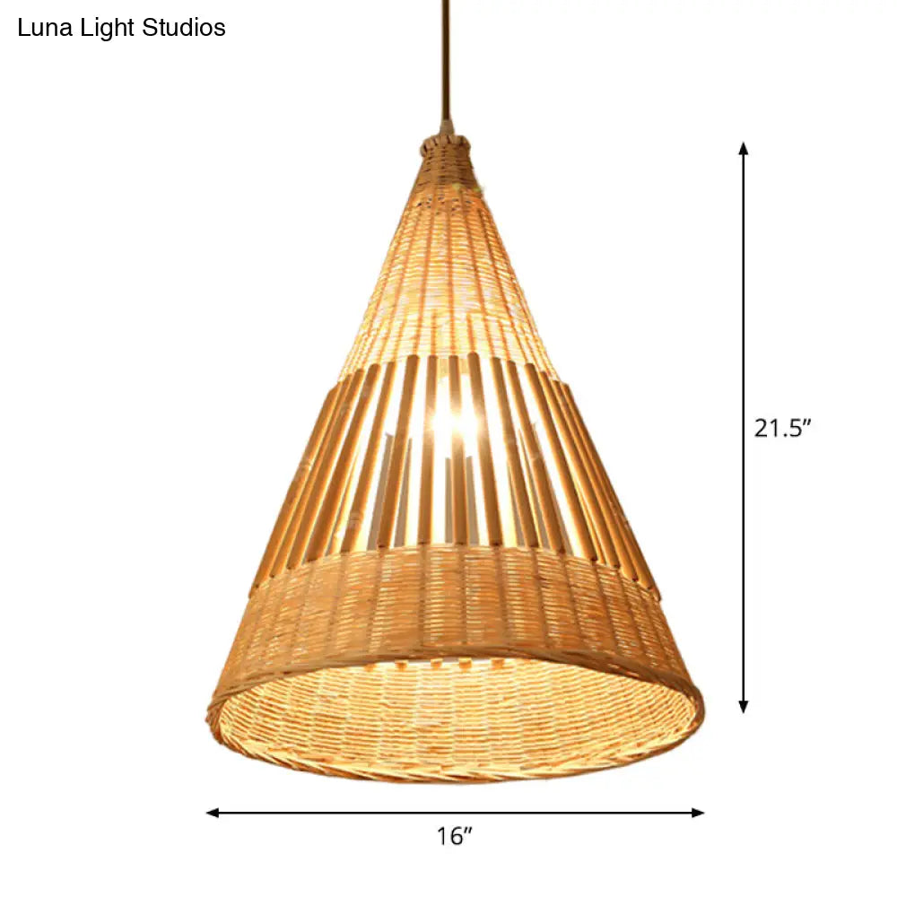 Asian Style Beige Diamond/Bell/Onion Drop Pendant Hanging Light Fixture With Bamboo Accent - Tearoom