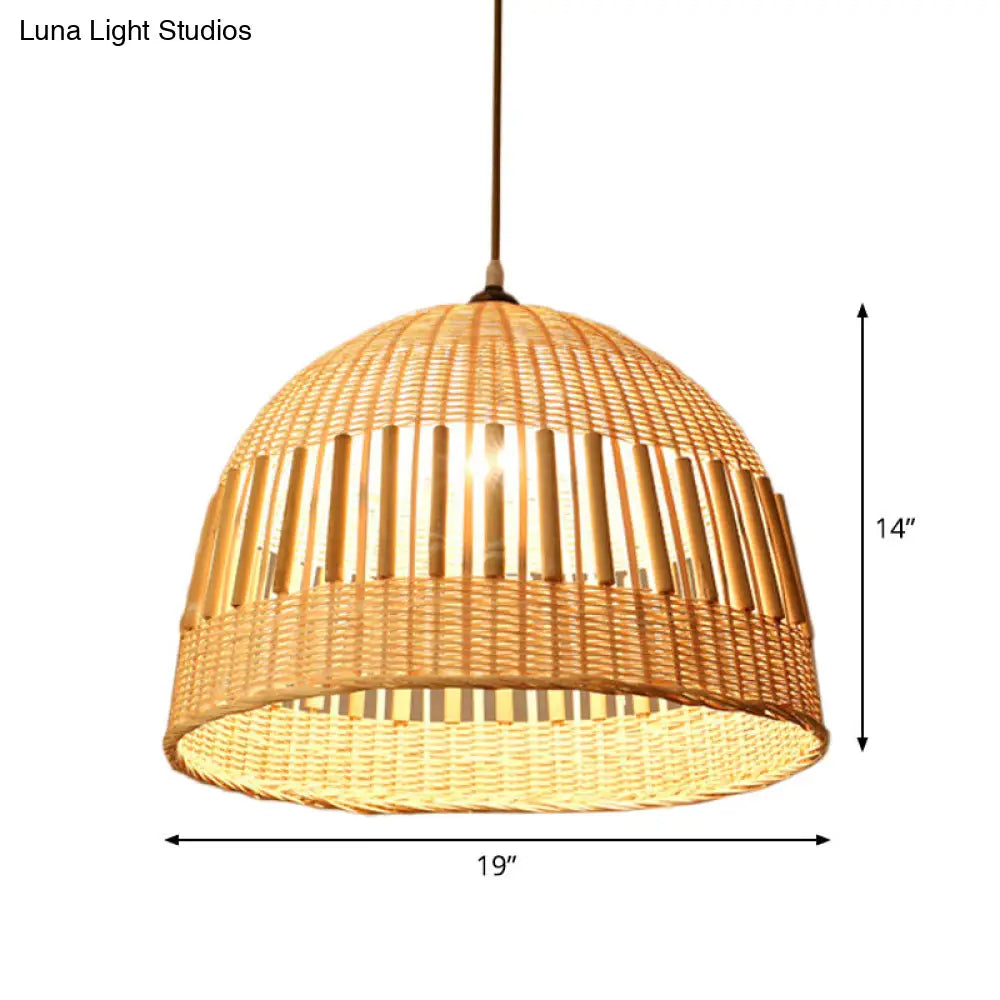 Asian Style Beige Diamond/Bell/Onion Drop Pendant Hanging Light Fixture With Bamboo Accent - Tearoom