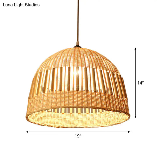 Asian Style Beige Diamond/Bell/Onion Drop Pendant Hanging Light Fixture With Bamboo Accent - Tearoom