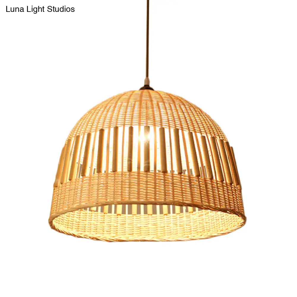 Asian Style Beige Diamond/Bell/Onion Drop Pendant Hanging Light Fixture With Bamboo Accent - Tearoom