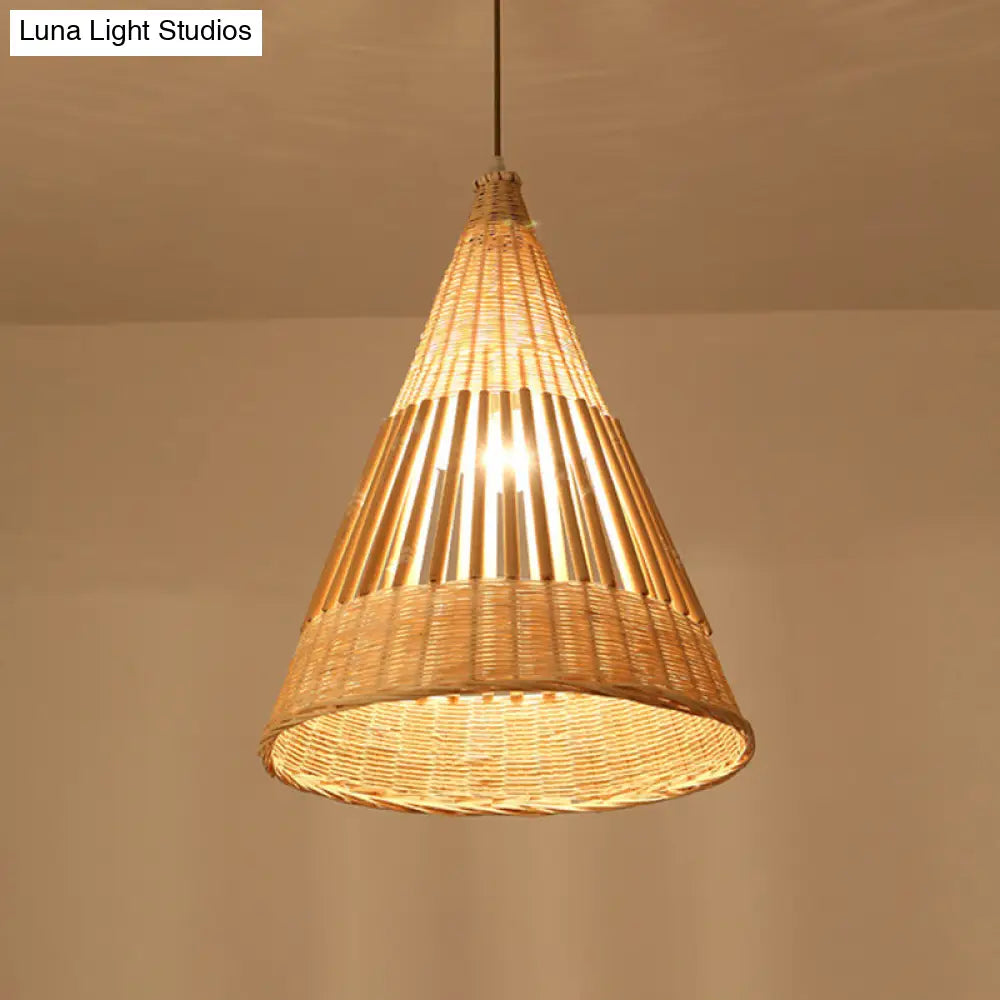 Asian Style Beige Diamond/Bell/Onion Drop Pendant Hanging Light Fixture With Bamboo Accent - Tearoom