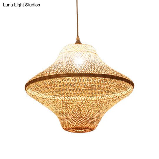 Asian Style Beige Diamond/Bell/Onion Drop Pendant Hanging Light Fixture With Bamboo Accent - Tearoom