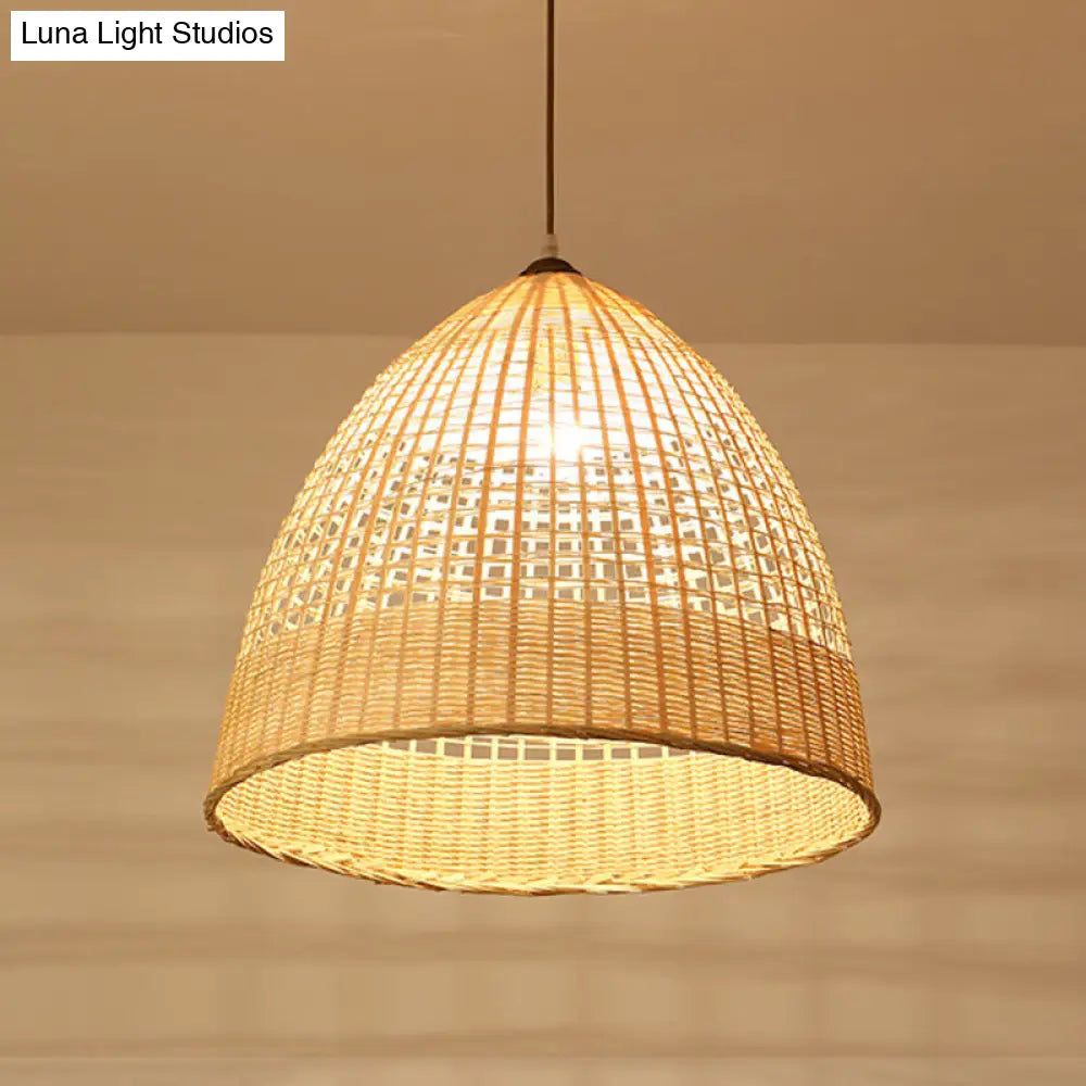 Asian Style Beige Diamond/Bell/Onion Drop Pendant Hanging Light Fixture With Bamboo Accent - Tearoom