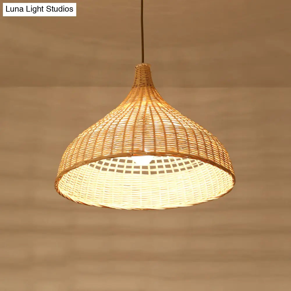 Asian Style Beige Diamond/Bell/Onion Drop Pendant Hanging Light Fixture With Bamboo Accent - Tearoom