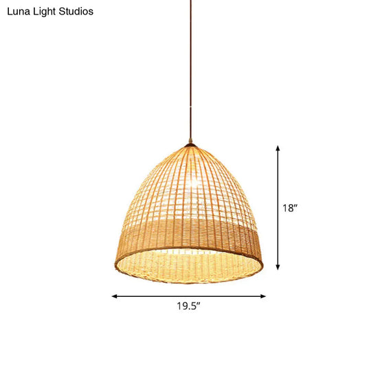 Asian Style Beige Diamond/Bell/Onion Drop Pendant Hanging Light Fixture With Bamboo Accent - Tearoom