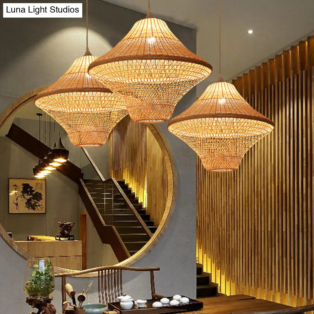 Asian Style Beige Diamond/Bell/Onion Drop Pendant Hanging Light Fixture With Bamboo Accent - Tearoom