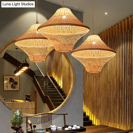 Asian Style Beige Diamond/Bell/Onion Drop Pendant Hanging Light Fixture With Bamboo Accent - Tearoom