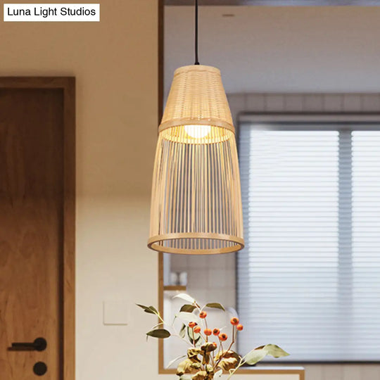 Asian Style Cone Down Light Pendant Lamp For Tea Room - Beige Bamboo Rattan