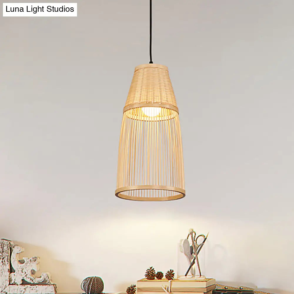 Asian Style Cone Down Light Pendant Lamp For Tea Room - Beige Bamboo Rattan