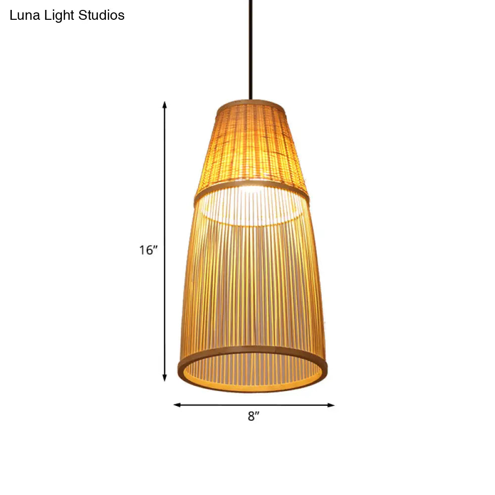 Asian Style Cone Down Light Pendant Lamp For Tea Room - Beige Bamboo Rattan