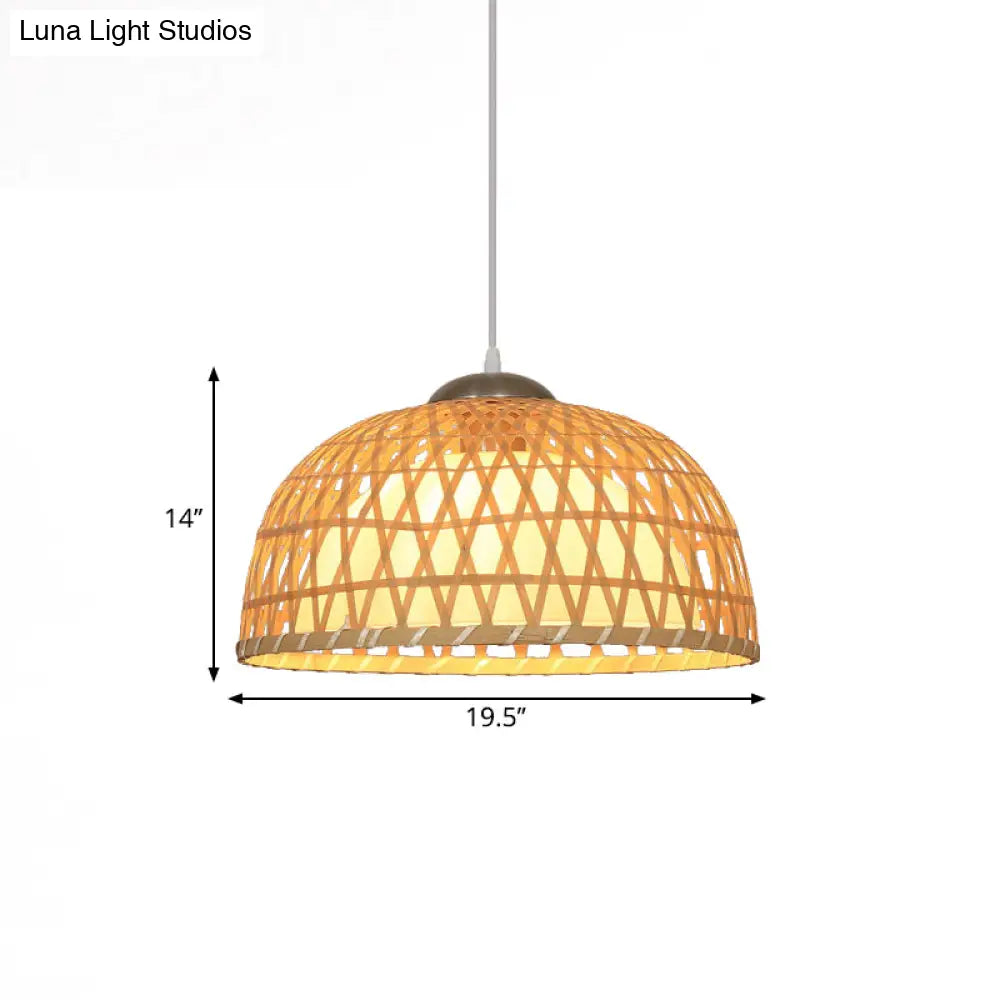 Asian Style Dome Wood Pendant Light For Restaurants - Beige