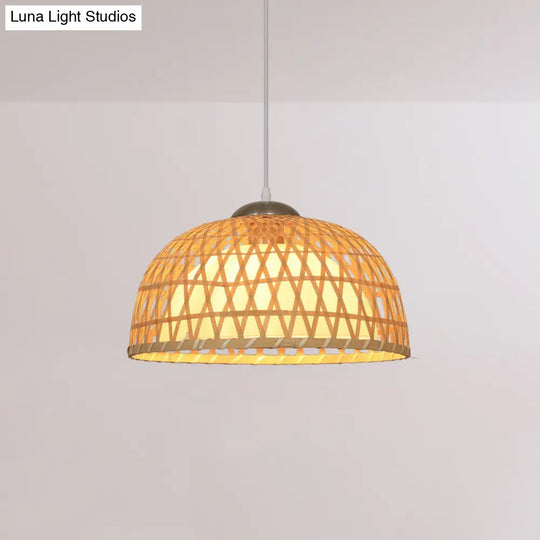 Asian Style Dome Wood Pendant Light For Restaurants - Beige