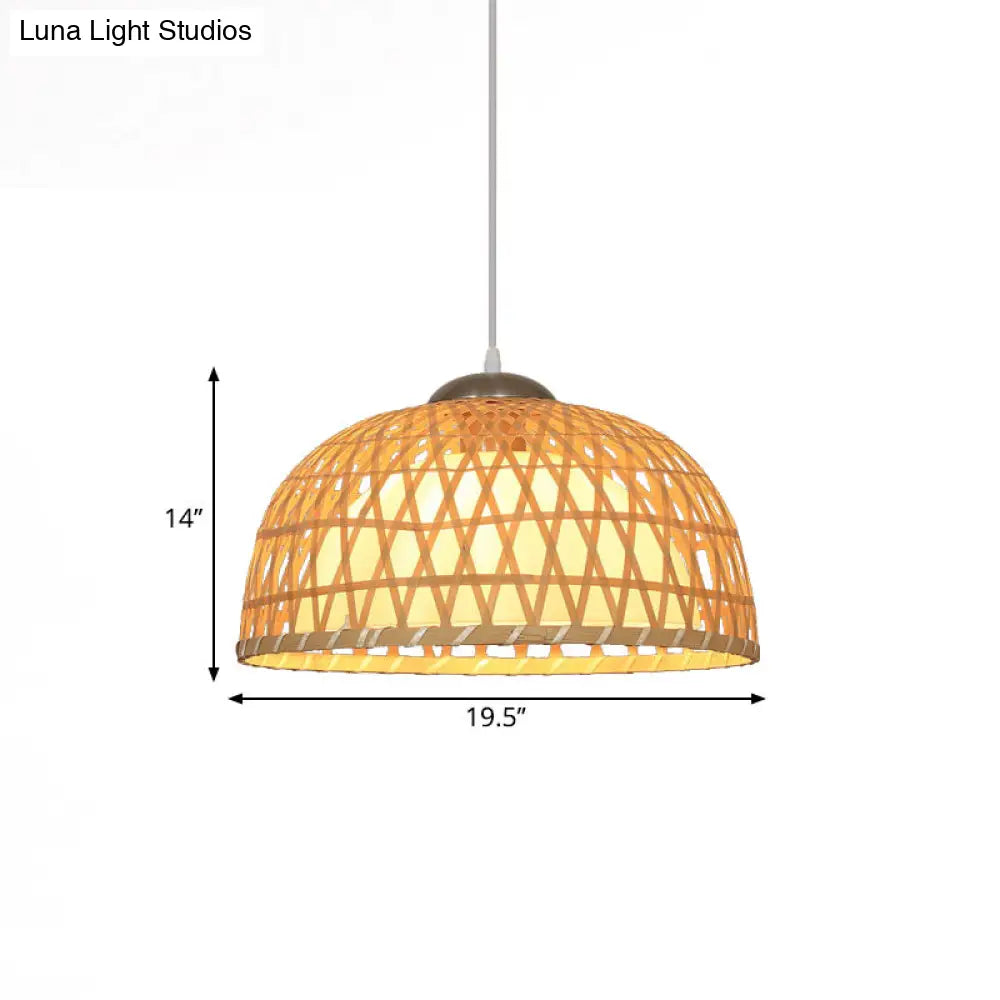 Wooden Asian Pendant Light For Restaurants - Dome Shaped Ceiling Hanging Lamp Beige 1-Light