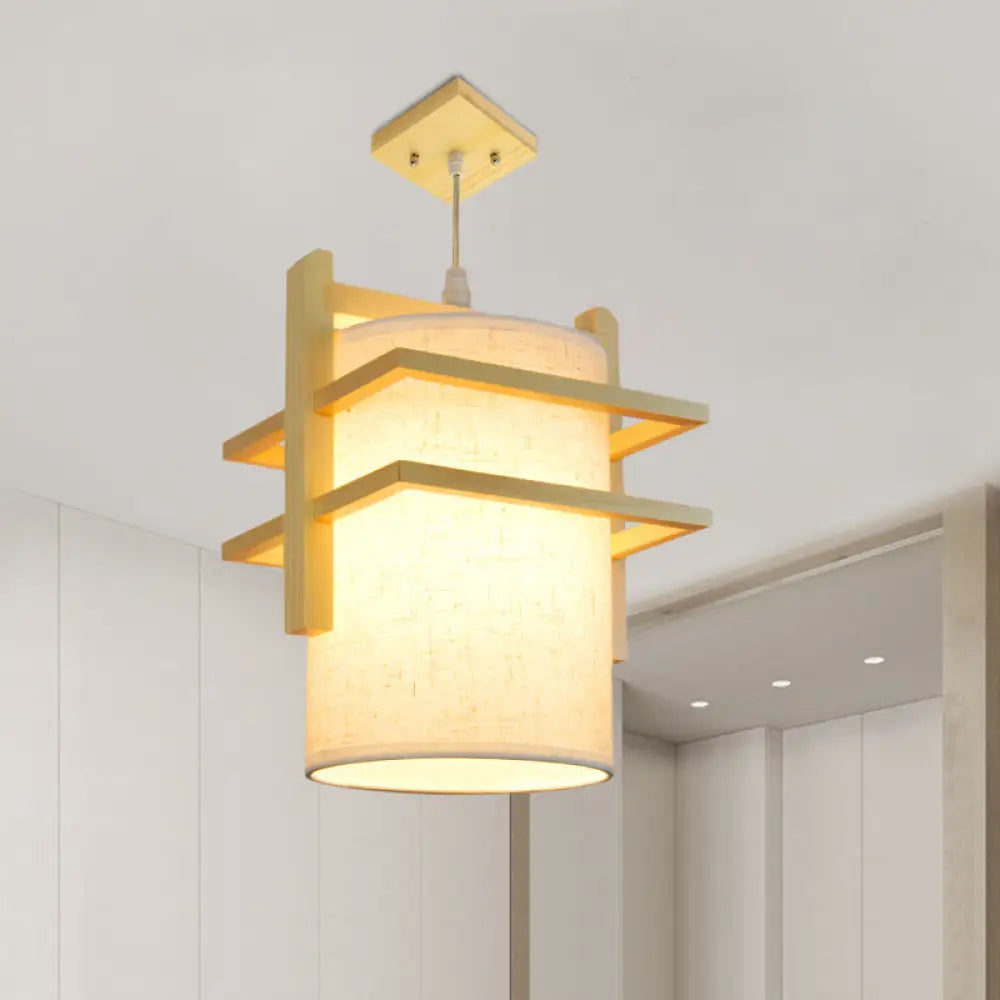 Asian Style Fabric Hanging Lamp Kit - Cylindrical 1-Head Ceiling Light With Wood Shelf Beige