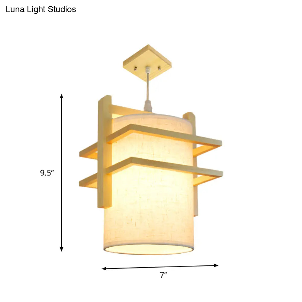 Asian Style Fabric Hanging Lamp Kit - Cylindrical 1-Head Ceiling Light With Wood Shelf Beige