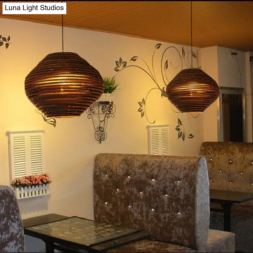 Asian Style Dome Shade Hanging Lamp In Brown For Restaurants - 1 Bulb Ceiling Light 4 Sizes