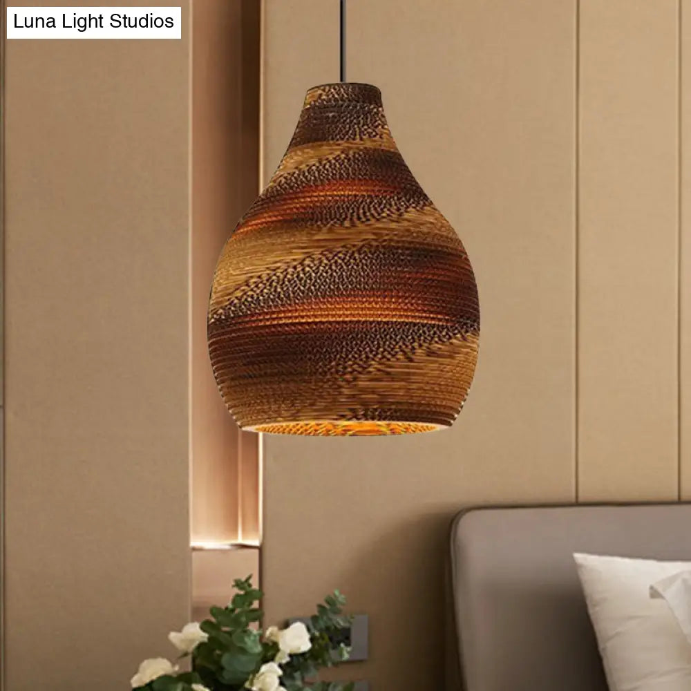 Asian Style Hanging Lamp - Paper Dome Shade Ceiling Drop Light (1 Bulb) In Brown For Restaurants