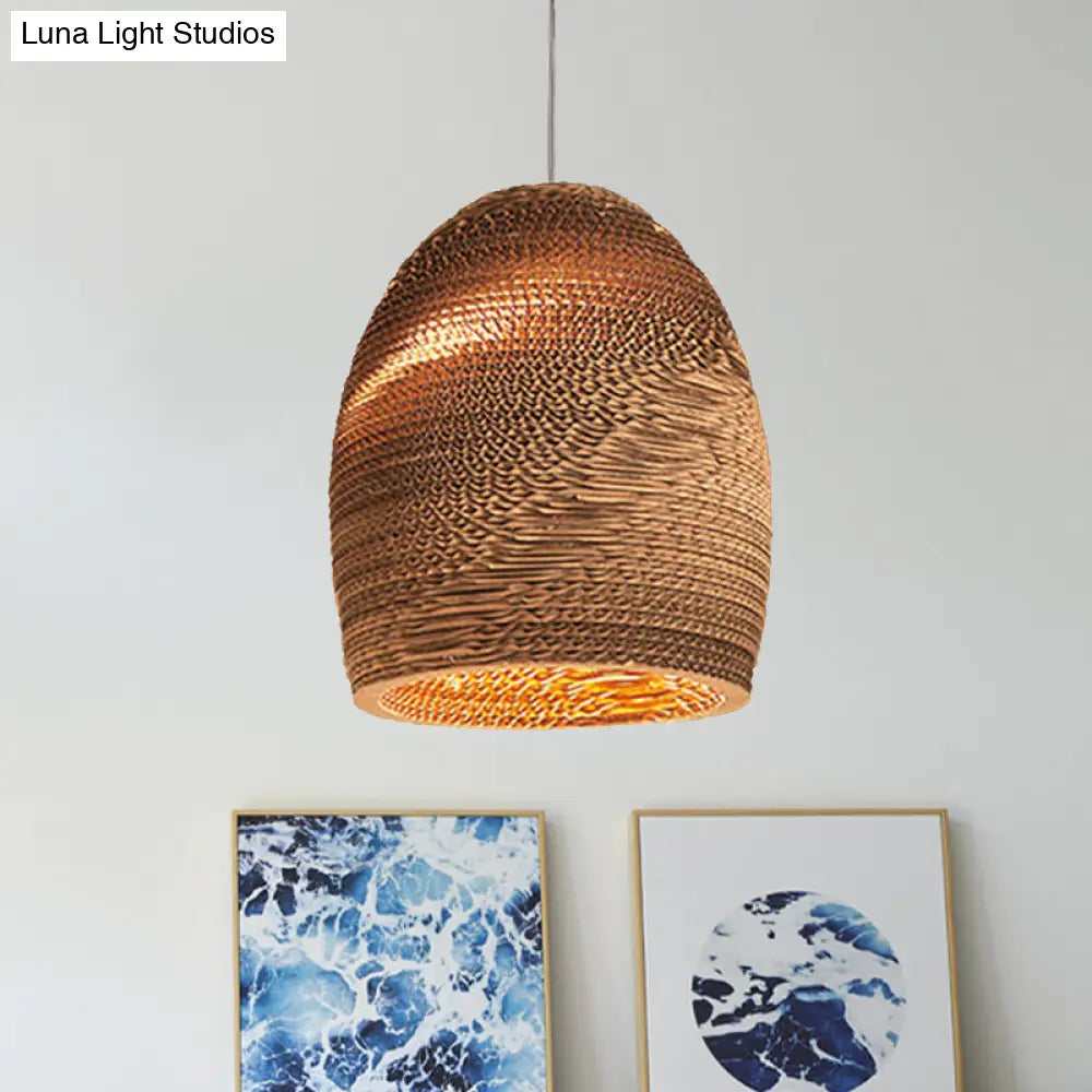 Asian Style Hanging Lamp - Paper Dome Shade Ceiling Drop Light (1 Bulb) In Brown For Restaurants