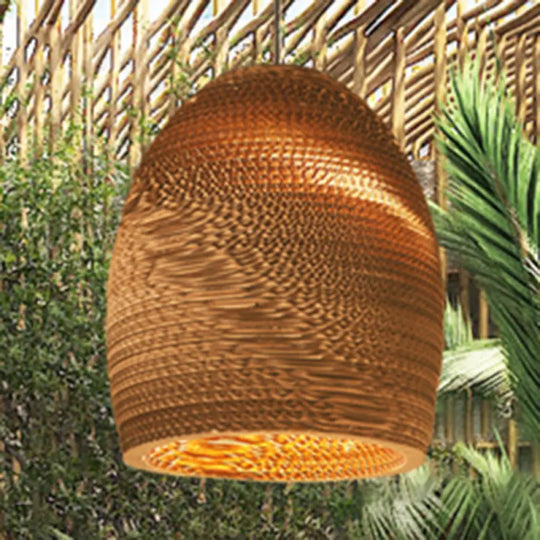 Asian Style Hanging Lamp - Paper Dome Shade Ceiling Drop Light (1 Bulb) In Brown For Restaurants