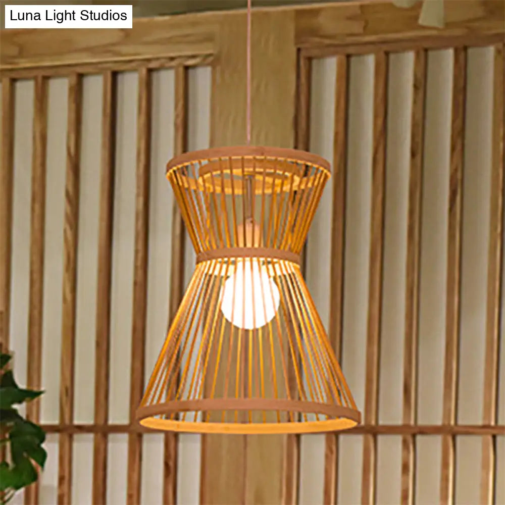 Asian Style Hourglass Pendant Lamp - Bamboo 1 Bulb Beige Suspension Light For Foyer