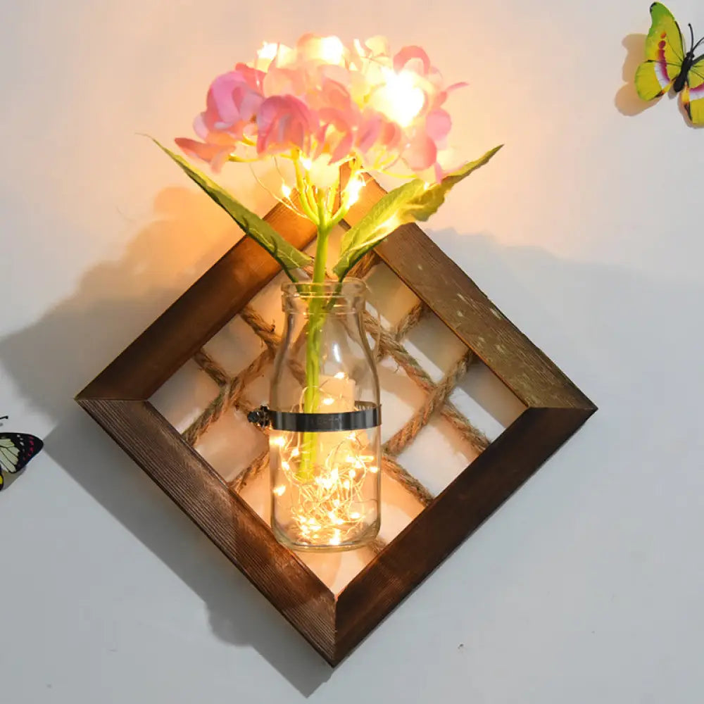 Asian Style Pink Flower Accent Wall Light - Clear Glass String With Wood Backplate