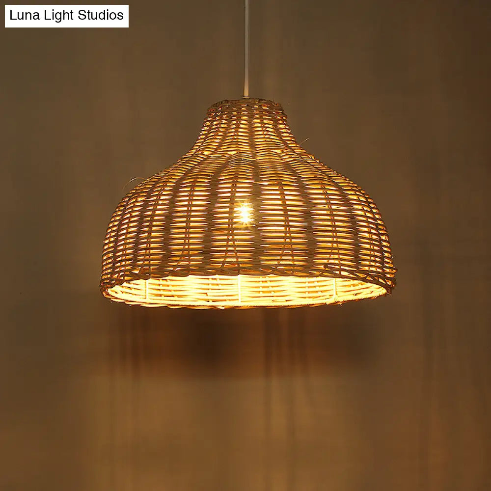 Asian Style Rattan Ceiling Light Fixture For Restaurants - Pot Cover Design With 1 Bulb