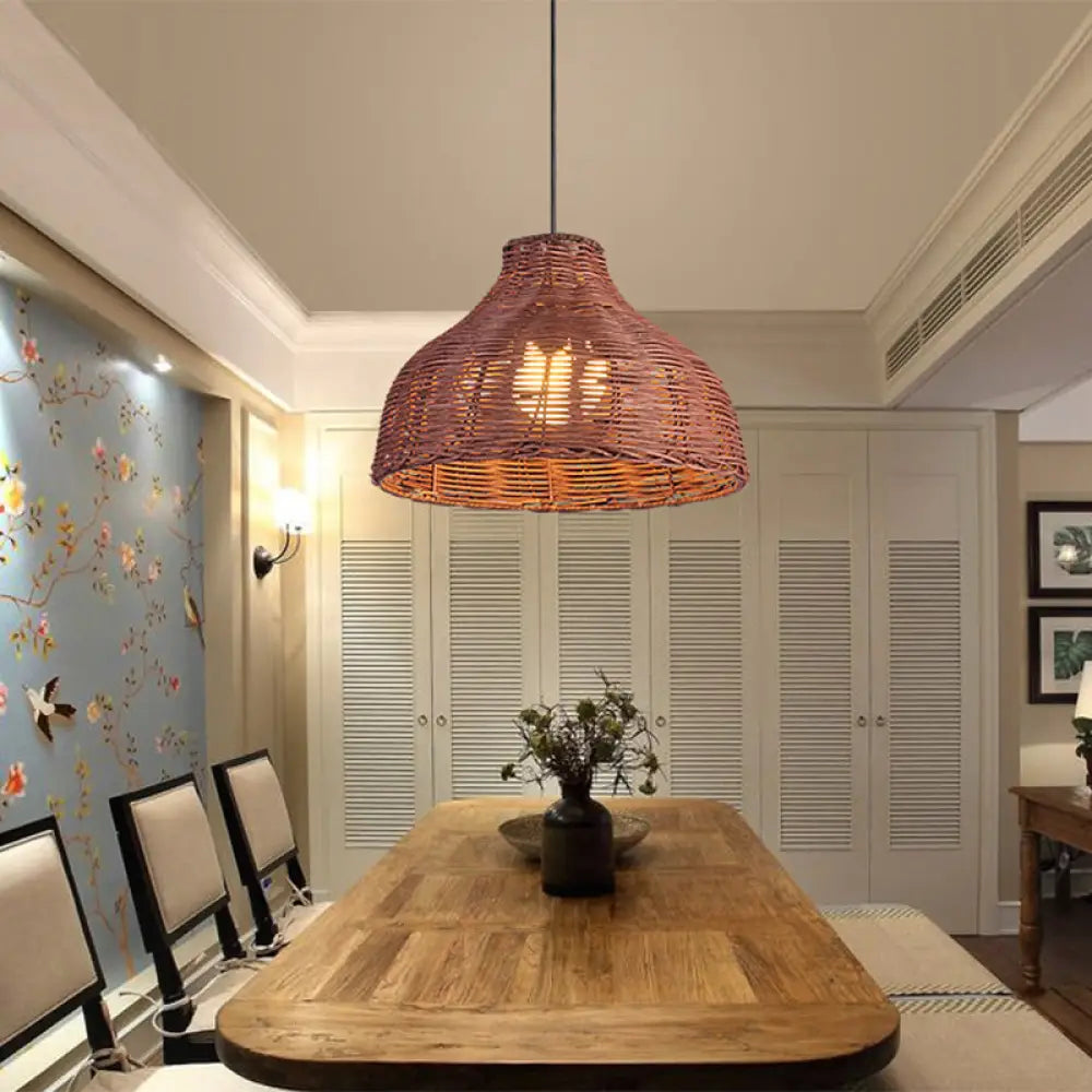 Asian Style Rattan Ceiling Light Fixture For Restaurants - Pot Cover Design With 1 Bulb Coffee