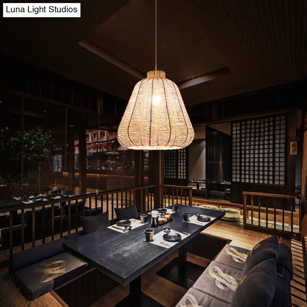 Asian-Style Rattan Hanging Lamp: Tapered Ceiling Lighting With Wood Frame - Ideal For Restaurants (1