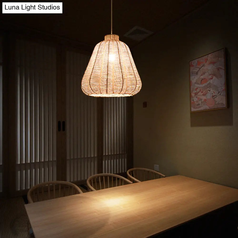 Asian-Style Rattan Hanging Lamp: Tapered Ceiling Lighting With Wood Frame - Ideal For Restaurants (1