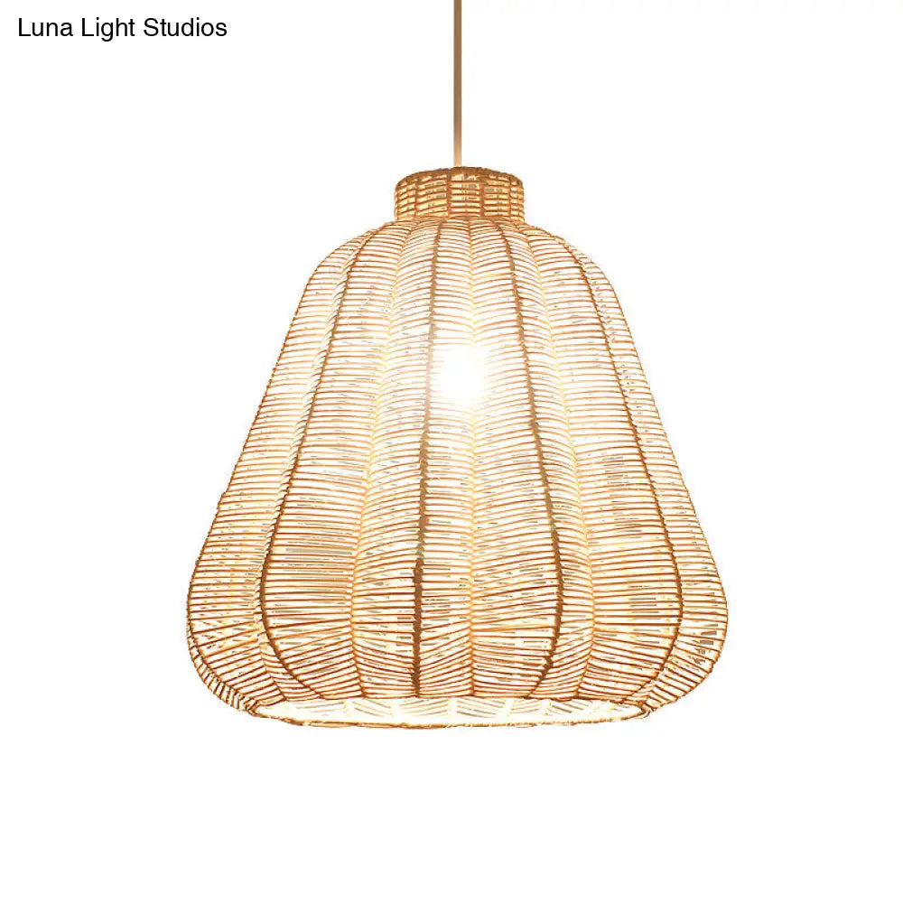 Asian-Style Rattan Hanging Lamp: Tapered Ceiling Lighting With Wood Frame - Ideal For Restaurants (1