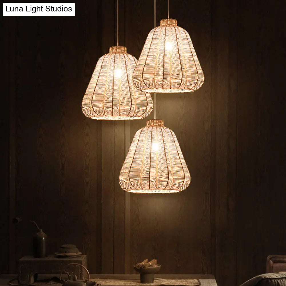 Asian-Style Rattan Hanging Lamp: Tapered Ceiling Lighting With Wood Frame - Ideal For Restaurants (1