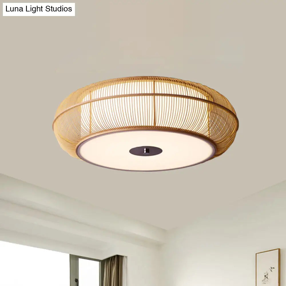 Asian Style Round Bamboo Shade Ceiling Light - 3/4 Lights Black/Wood Fixture For Bedroom 18’/22’ Dia