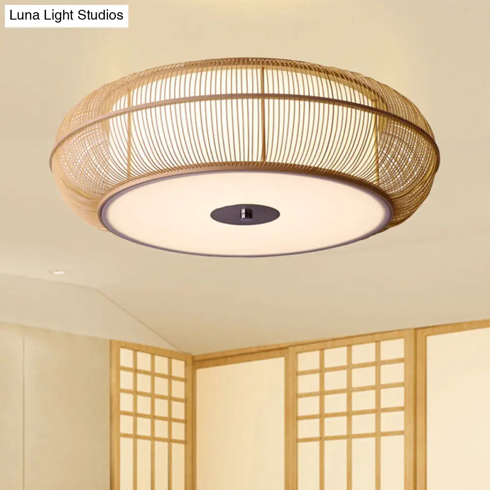 Asian Style Round Bamboo Shade Ceiling Light - 3/4 Lights Black/Wood Fixture For Bedroom 18/22 Dia