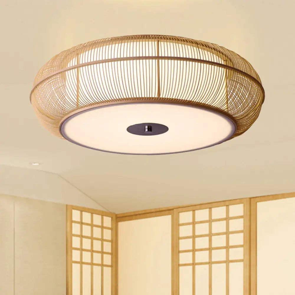 Asian Style Round Bamboo Shade Ceiling Light - 3/4 Lights Black/Wood Fixture For Bedroom