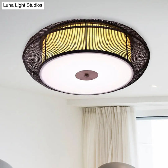 Asian Style Round Bamboo Shade Ceiling Light - 3/4 Lights Black/Wood Fixture For Bedroom 18/22 Dia