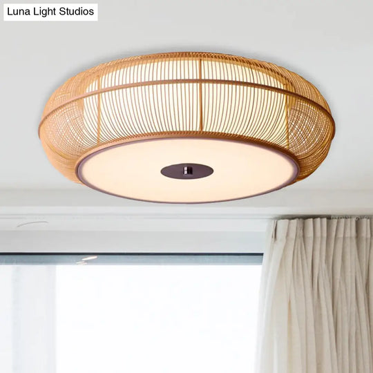 Asian Style Round Bamboo Shade Ceiling Light - 3/4 Lights Black/Wood Fixture For Bedroom 18/22 Dia