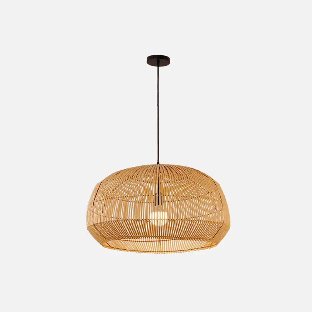 Asian Style Round Pendant Light: 1-Bulb Wood Suspension Fixture For Balcony / 10