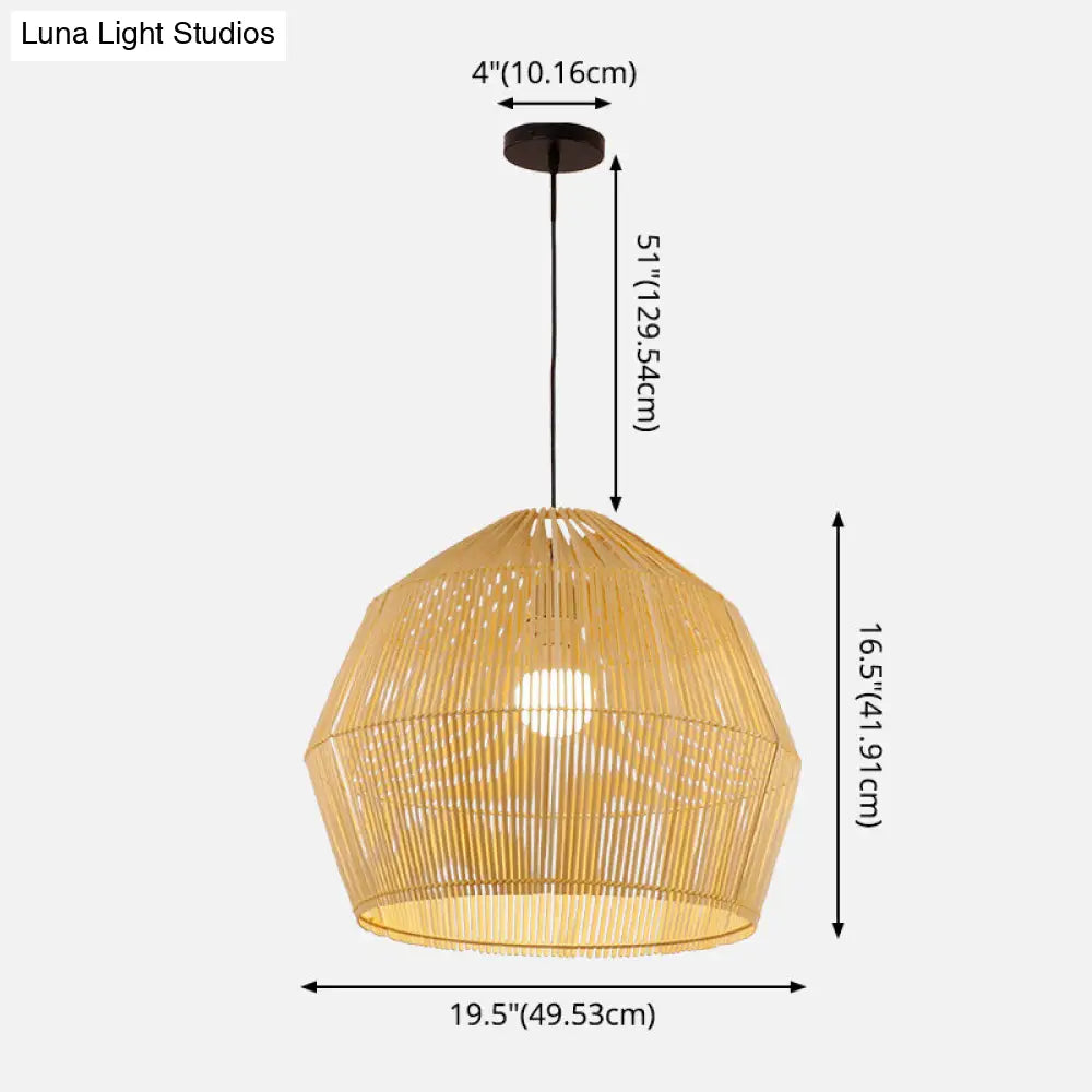 Asian Style Round Pendant Light: 1-Bulb Wood Suspension Fixture For Balcony