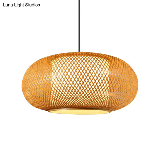 Asian Style Wood Pumpkin Shaded Ceiling Light With Bamboo Hanging Fixture - 1Bulb