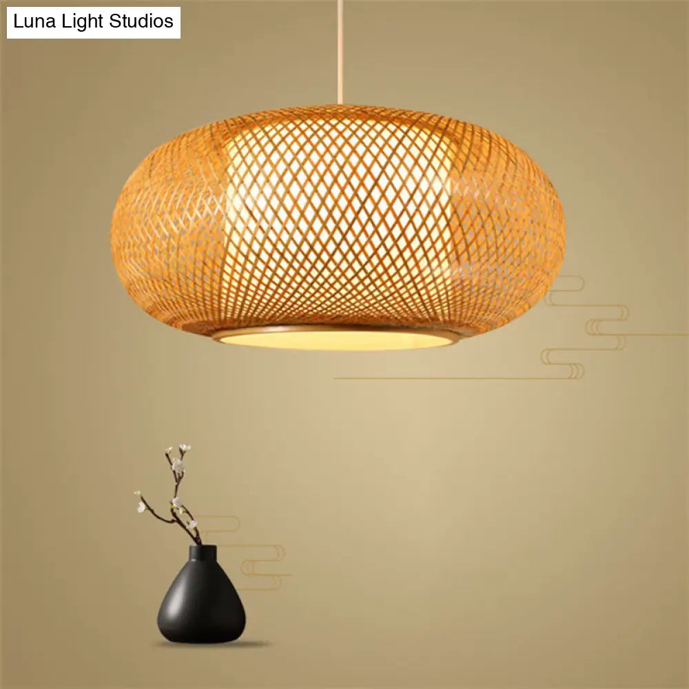 Asian Style Wood Pumpkin Shaded Ceiling Light With Bamboo Hanging Fixture - 1Bulb