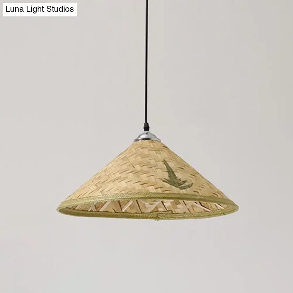 Wooden Asian Style Pendant Lamp With Bamboo Shade - Hangs 1 Bulb Wood / C