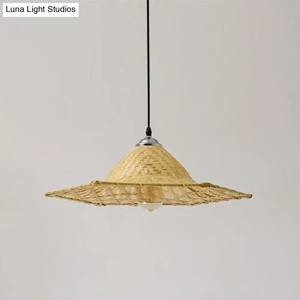 Wooden Asian Style Pendant Lamp With Bamboo Shade - Hangs 1 Bulb Wood / F