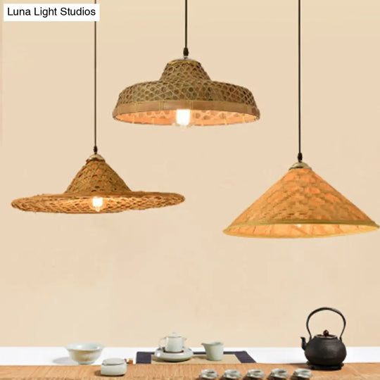 Asian Style Wood Straw Hat Pendant Lamp With Bamboo Hanging Light Fixture - 1 Bulb