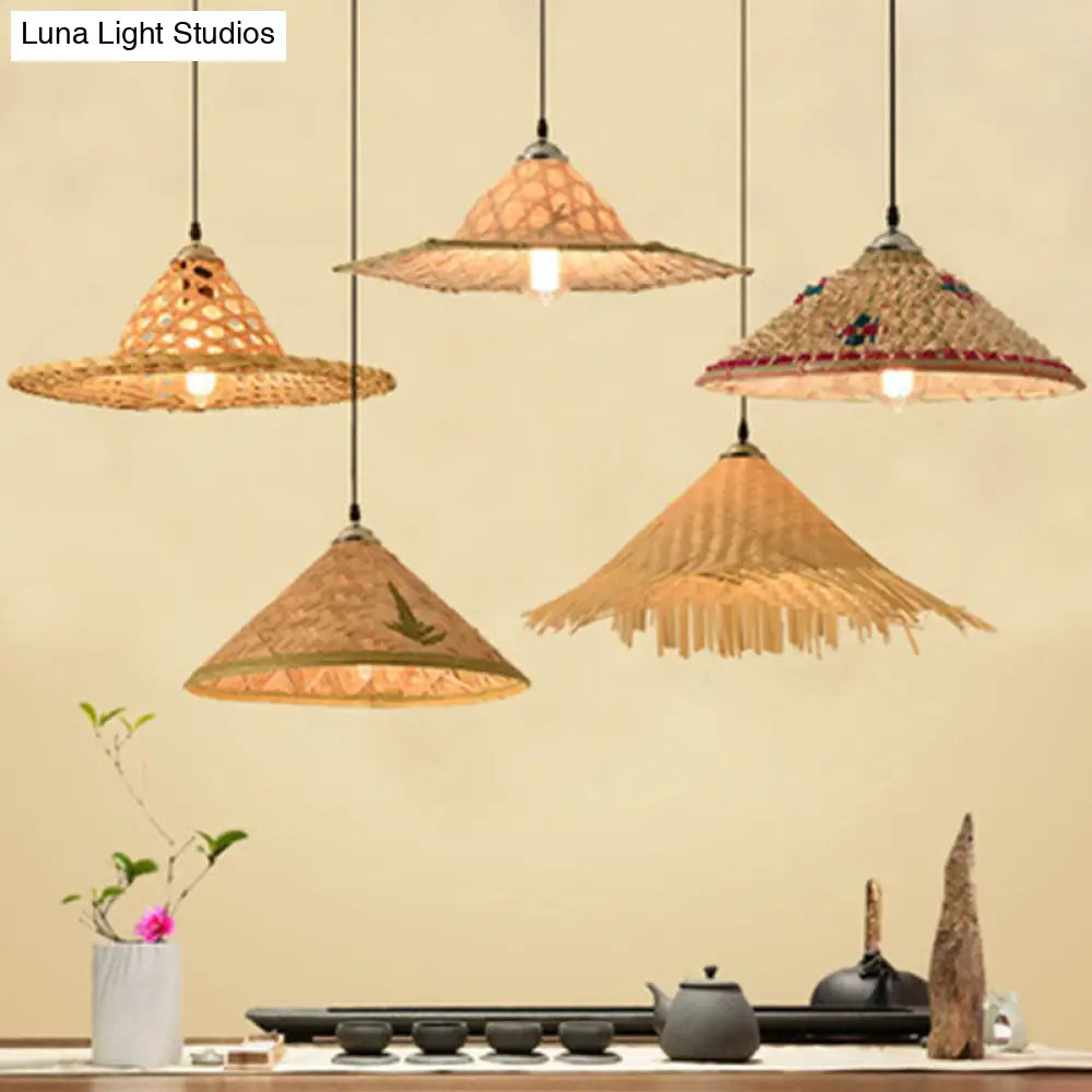 Asian Style Wood Straw Hat Pendant Lamp With Bamboo Hanging Light Fixture - 1 Bulb