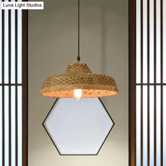 Asian Style Wood Straw Hat Pendant Lamp With Bamboo Hanging Light Fixture - 1 Bulb