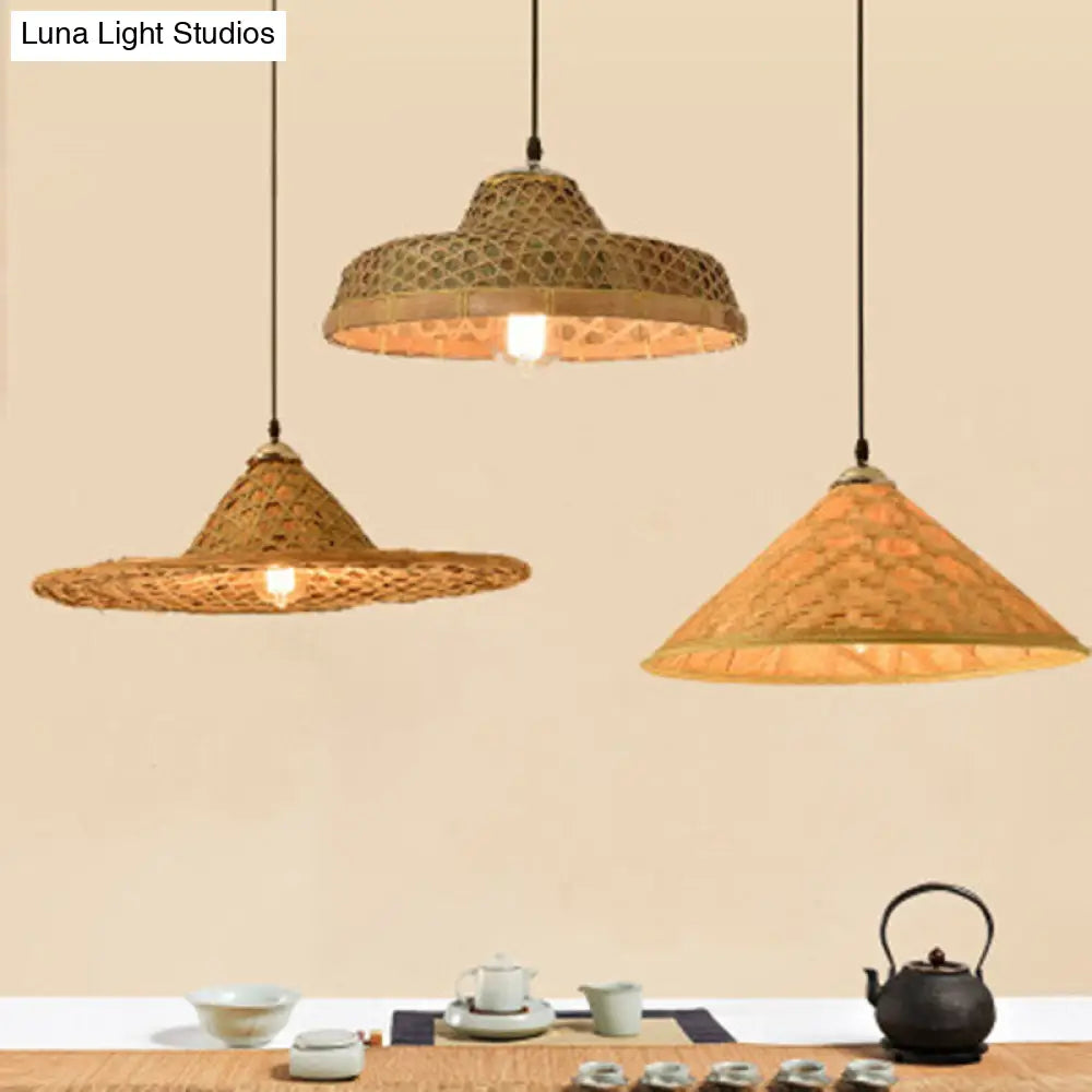 Wooden Asian Style Pendant Lamp With Bamboo Shade - Hangs 1 Bulb