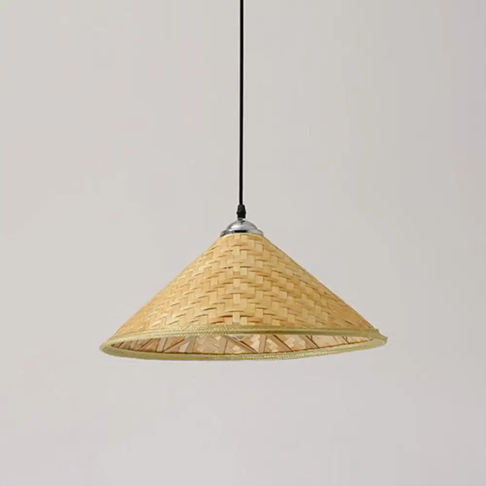 Asian Style Wood Straw Hat Pendant Lamp With Bamboo Hanging Light Fixture - 1 Bulb / B