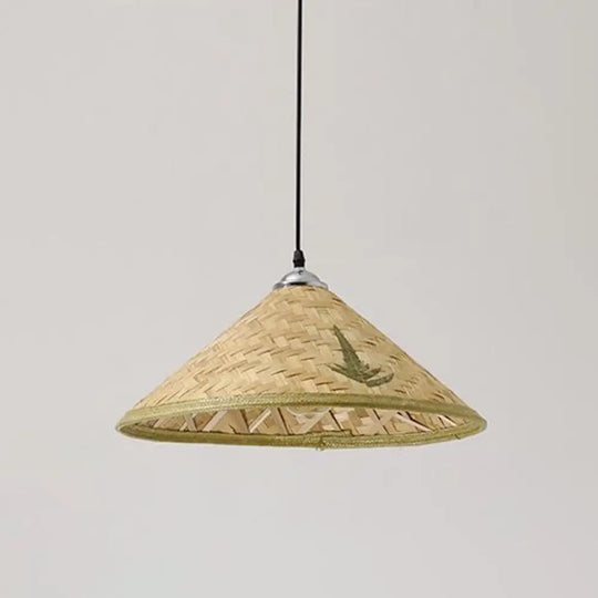 Asian Style Wood Straw Hat Pendant Lamp With Bamboo Hanging Light Fixture - 1 Bulb / C