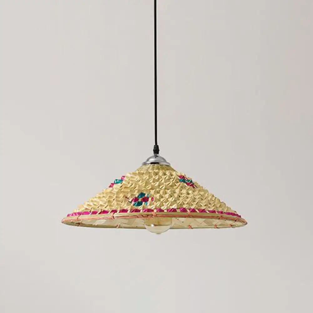 Asian Style Wood Straw Hat Pendant Lamp With Bamboo Hanging Light Fixture - 1 Bulb / D